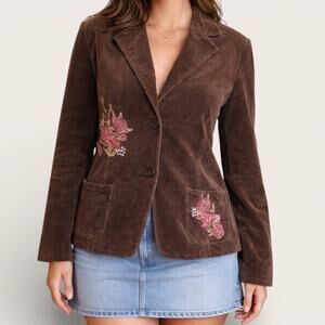 Y2K Brown Corduroy Embroidered Rose Blazer Jacket Large Floral 2000s